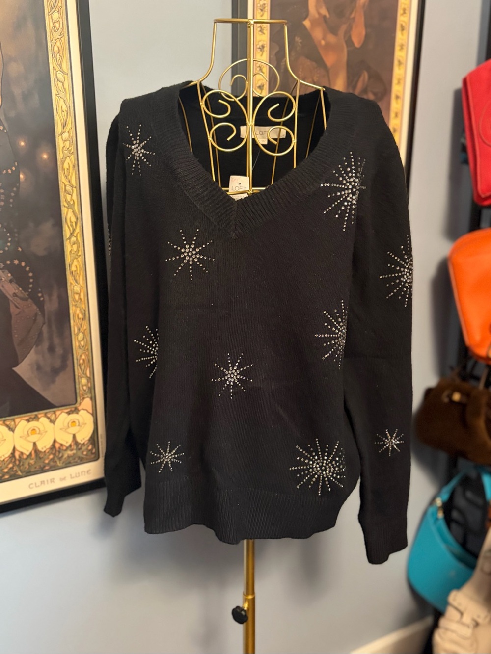 LOFT Black V-Neck Starburst Studded Sweater